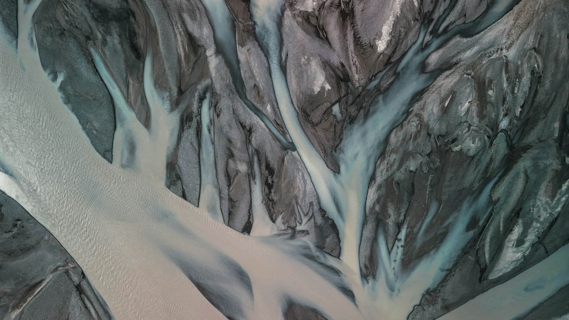 Braided glacial river channels seen from directly above, Iceland